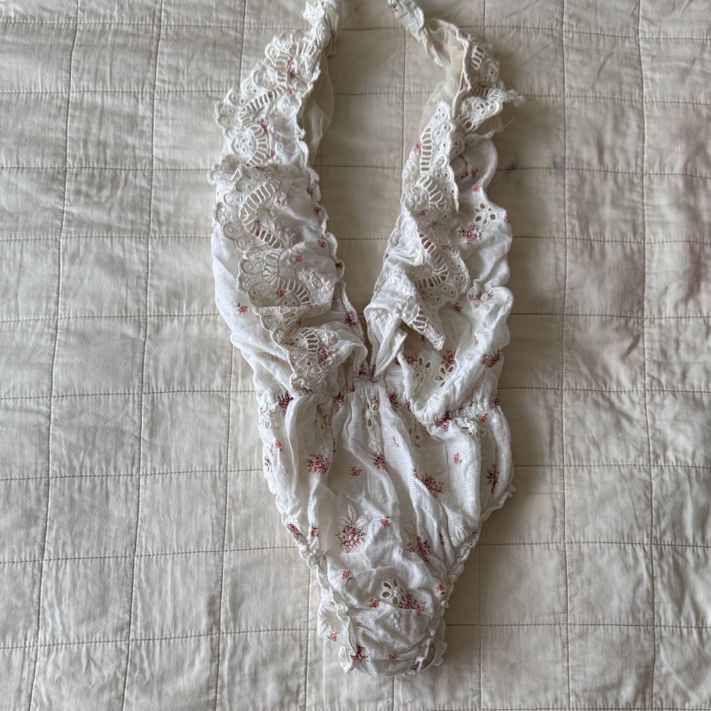 LoveShackFancy White and Pink Lace Bodysuit